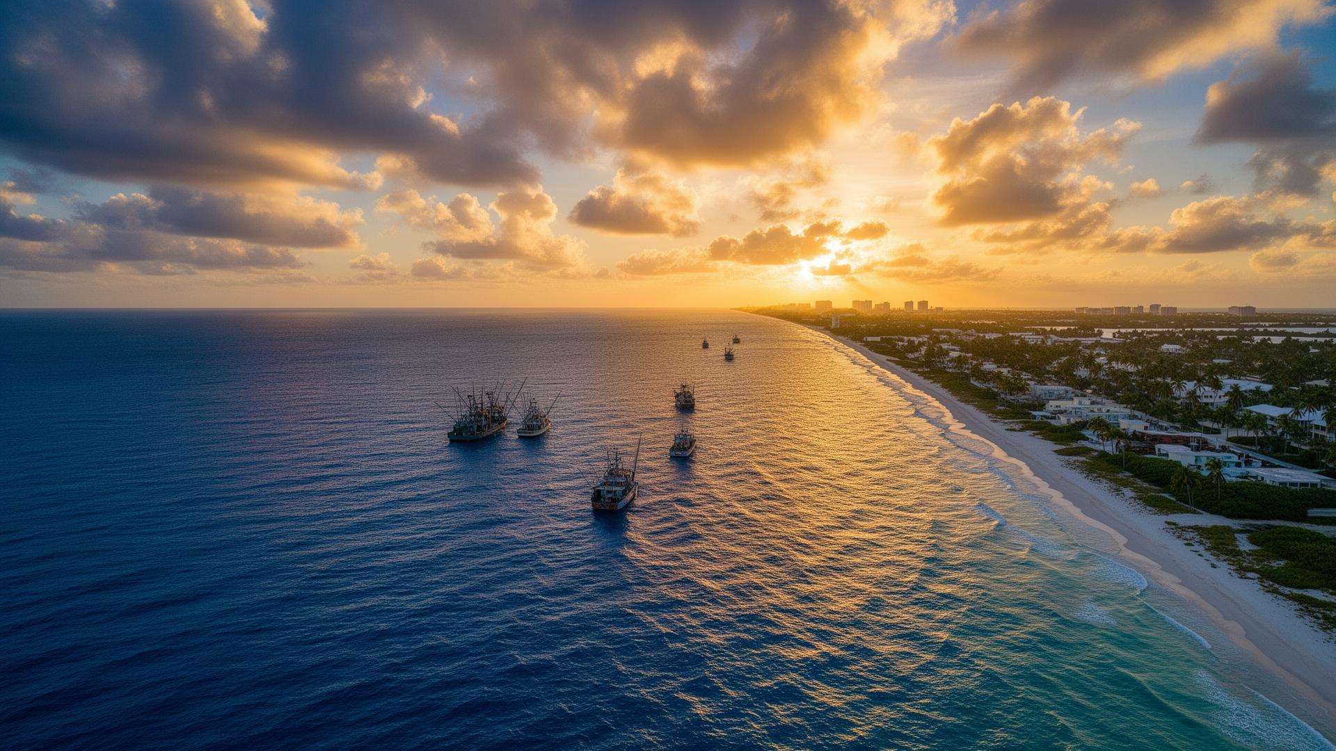 Aerial view of Florida fishing boats along a tropical coast at sunrise